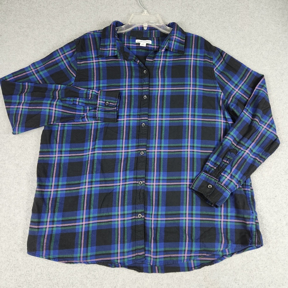 Amazon Essentials Flannel Shirt Women XXL Blue Black Plaid Long Sleeve Button Up